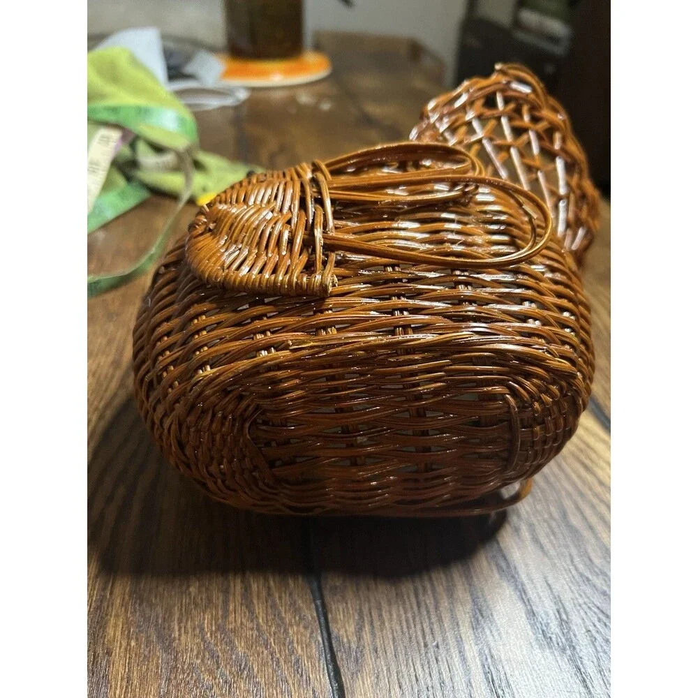 Vintage Wicker Turkey Woven Rattan Bread Basket Planter Farmhouse Country Decor